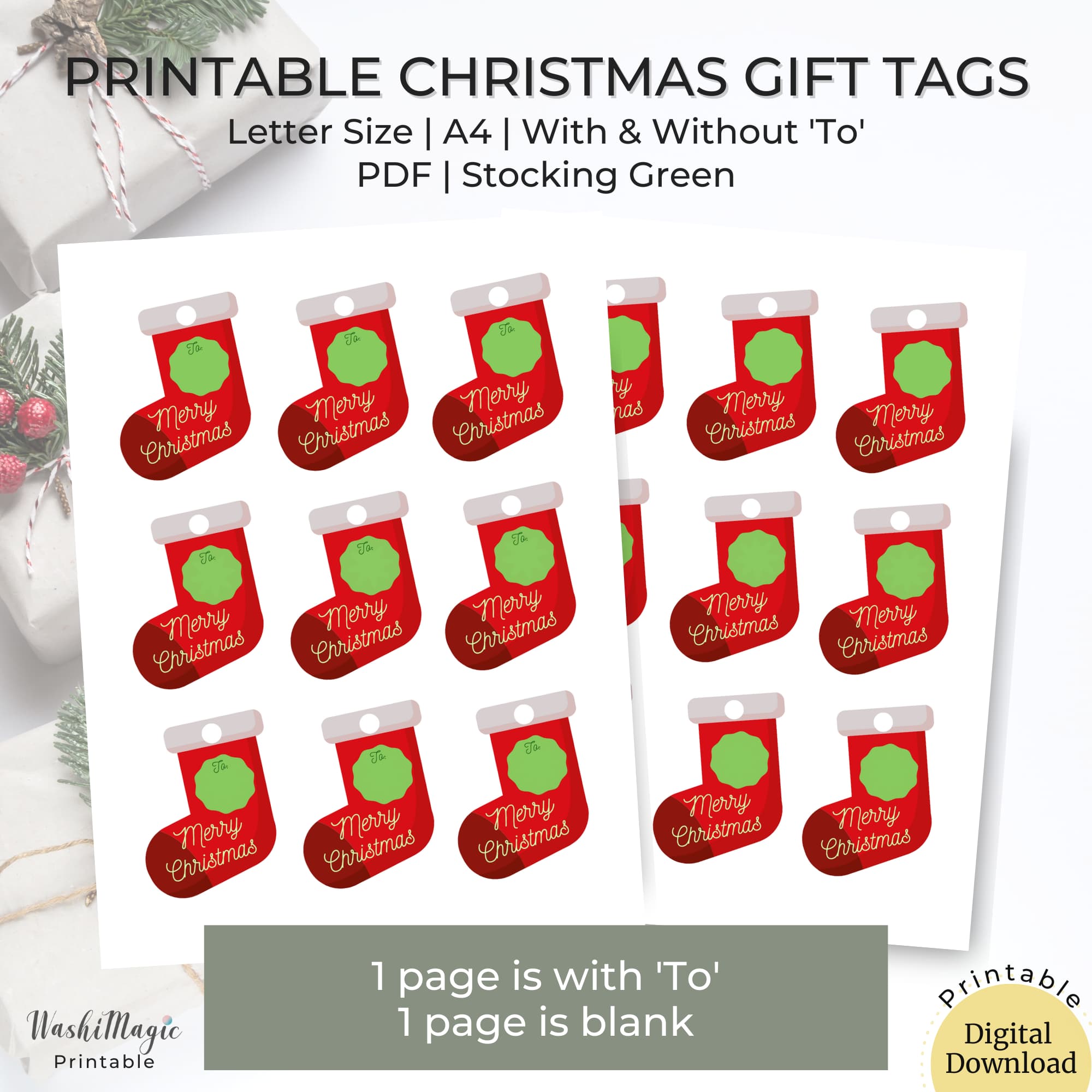 Printable Christmas gift tags | Xmas stocking shape gift tag | Holiday gift label | Washimagic.com